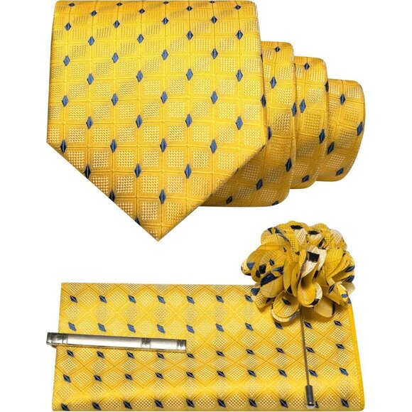 🆕Men Yellow Plaid Checkered Necktie and Pocket with Tie Clip Lapel Pin Set Ties - Picture 1 of 4
